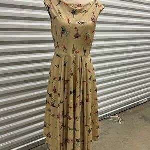 Eva Franco Bird Print Midi Dress | Sleeveless | Fit & Flare | Size S (Estimated)